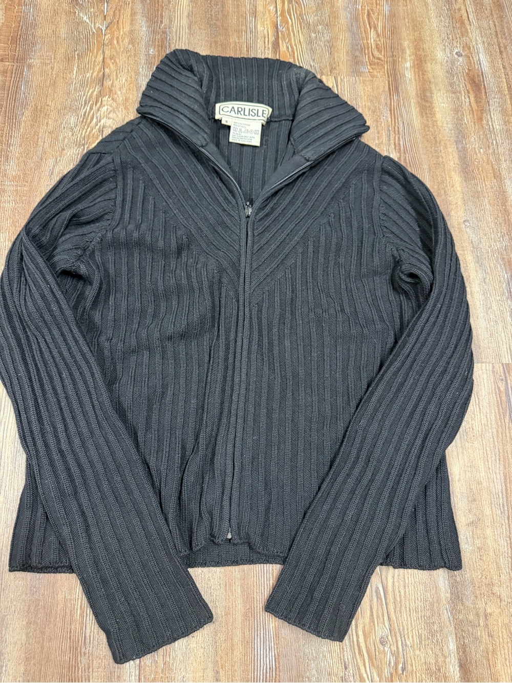 Vintage Carlisle black ribbed knit merino wool zip up sweater in size S